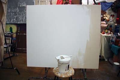 In this image, gesso has been primed three times on canvas.